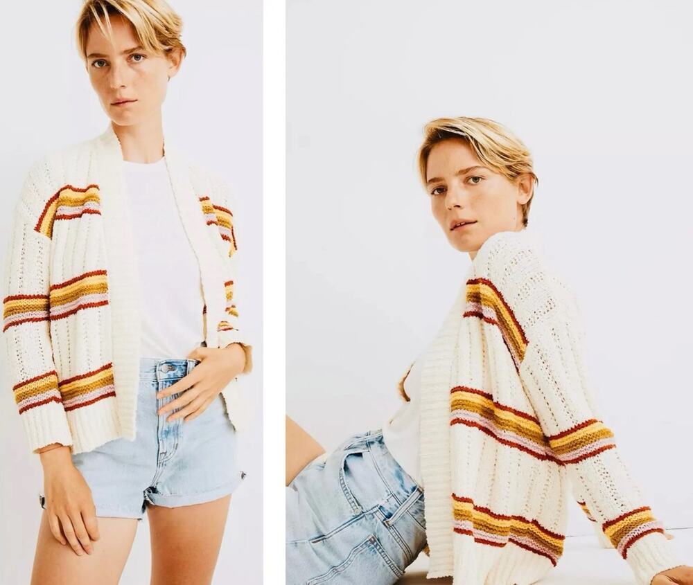Madewell Chunky Knit Ivory Multicolor Striped Soft Stretch Cardigan – Size Small